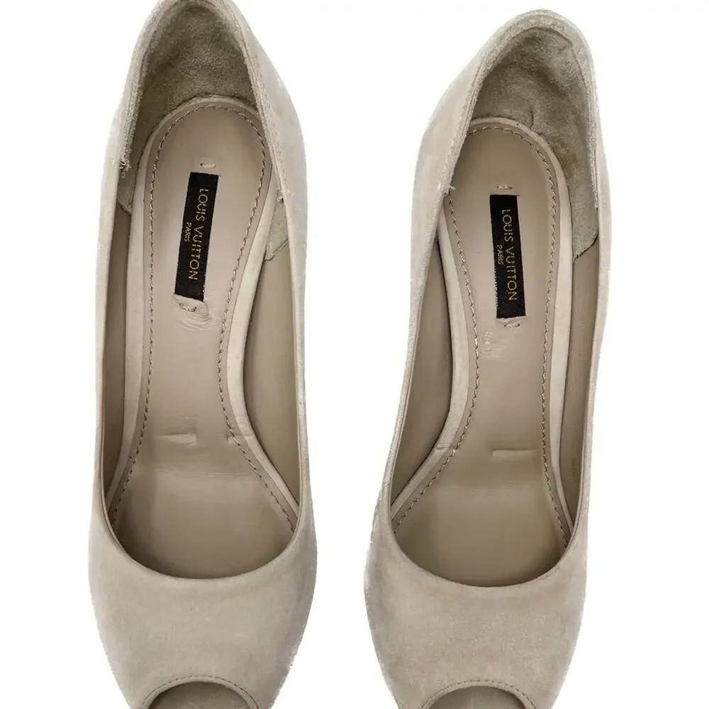 Louis Vuitton Eyeline neutral suede peep toe platform pumps size 37 US 6.5